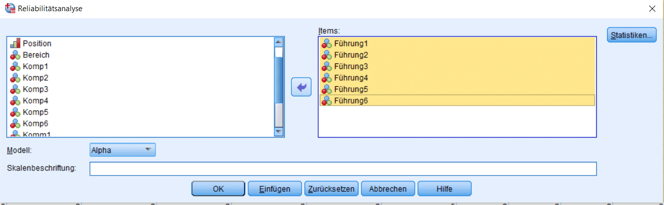 Dialogfenster für Cronbachs Alpha SPSS