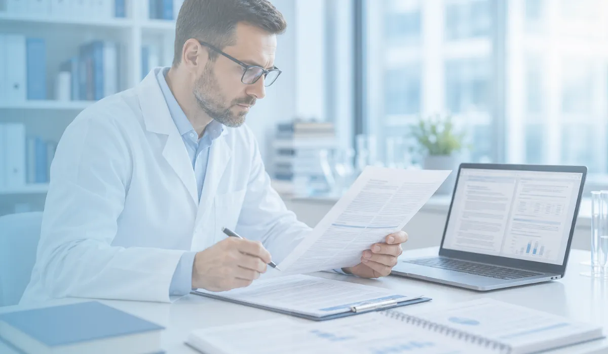 Wissenschaftler prüft medizinische Studienberichte und regulatorische Dokumente