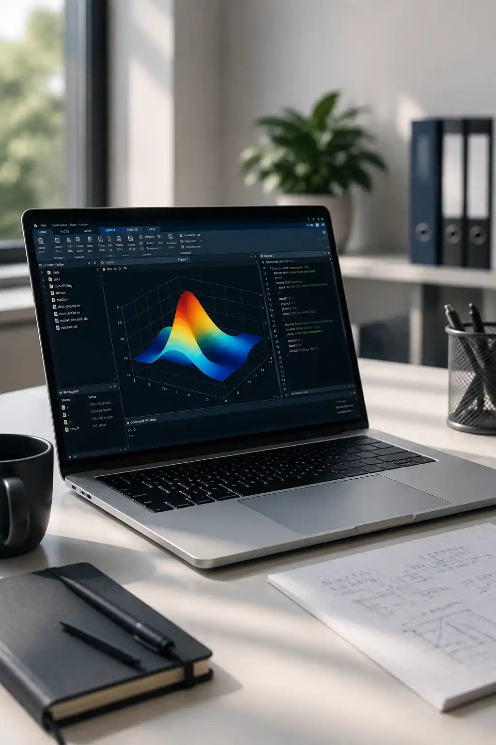 Laptop auf einem Schreibtisch mit geöffneter MATLAB Software und wissenschaftlicher Simulation