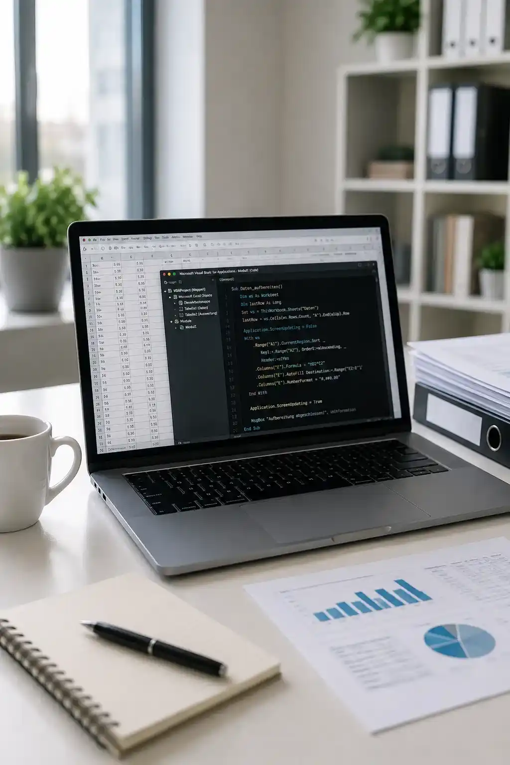 Excel VBA Programmierung in Microsoft Excel mit VBA-Editor, Tabellen und automatisierten Datenanalysen auf einem modernen Arbeitsplatz.