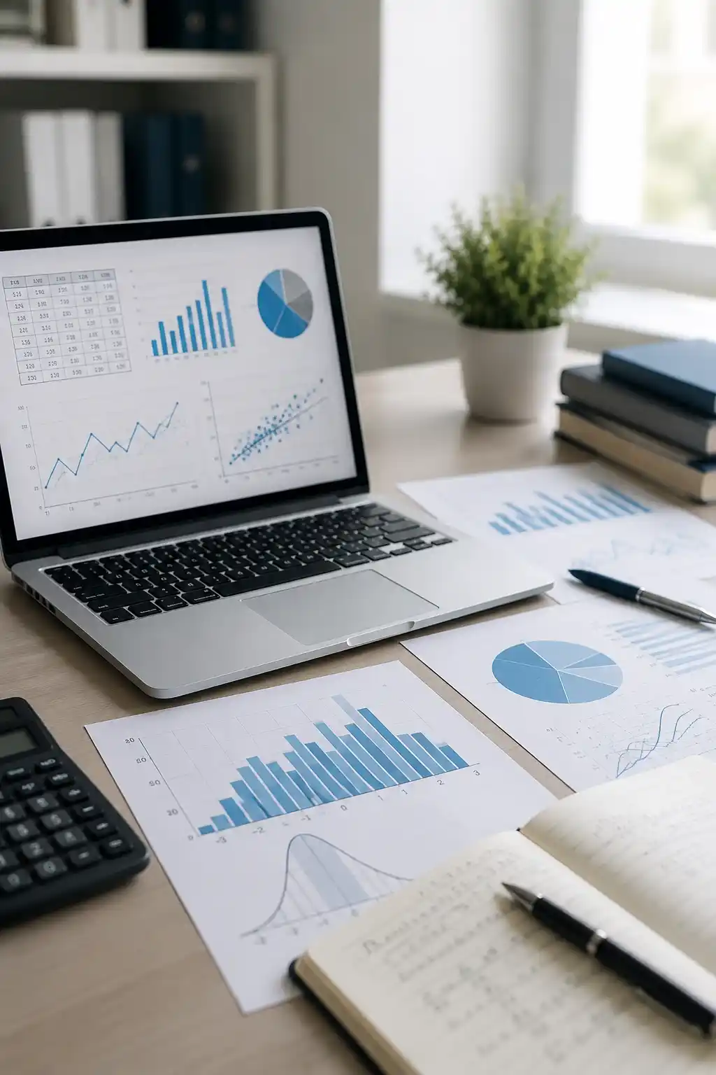 Statistik Interpretation mit Laptop, Diagrammen und statistischen Auswertungen auf einem Schreibtisch