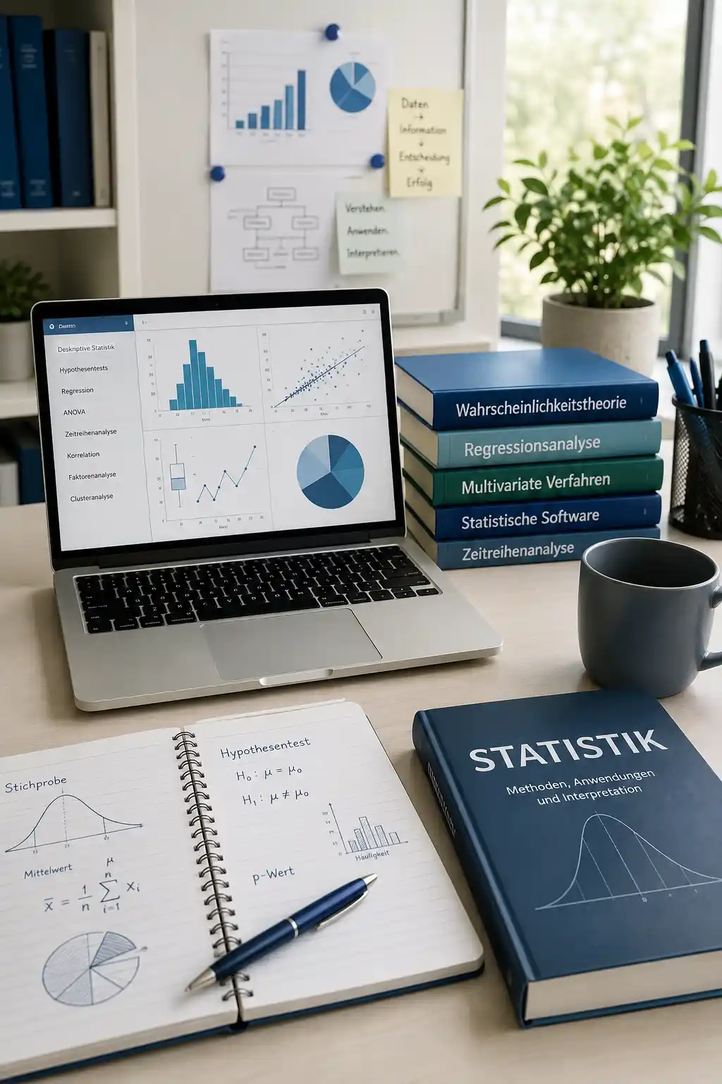 Statistik Weiterbildung mit Laptop, Diagrammen und statistischen Methoden