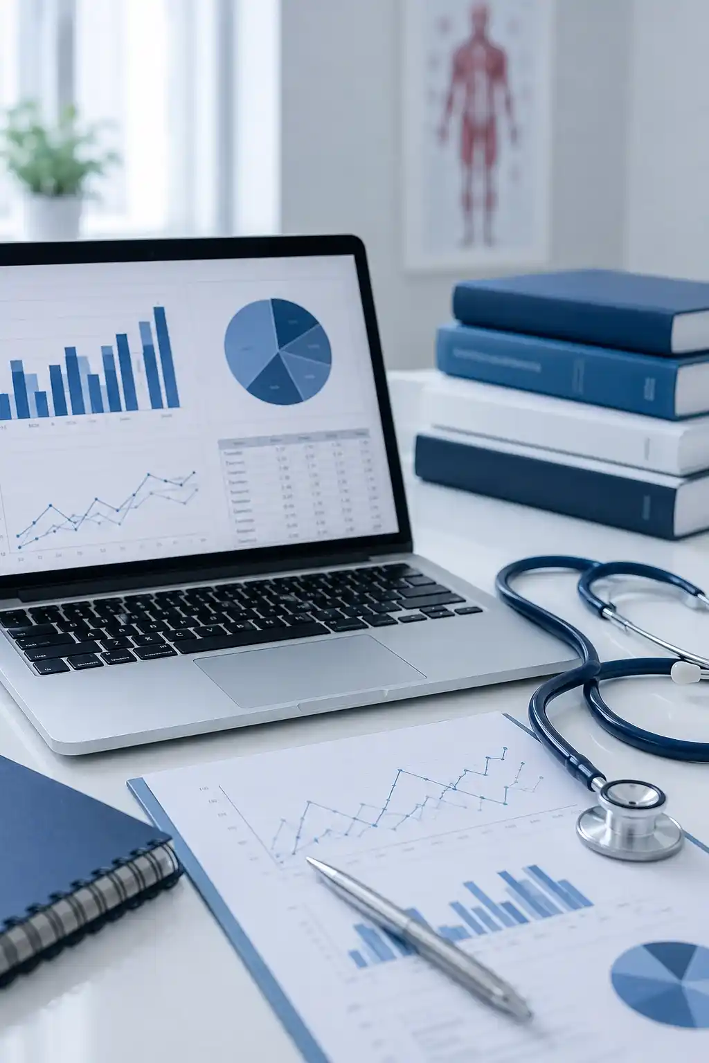 Statistische Auswertung einer medizinischen Doktorarbeit mit Laptop, Diagrammen und Stethoskop