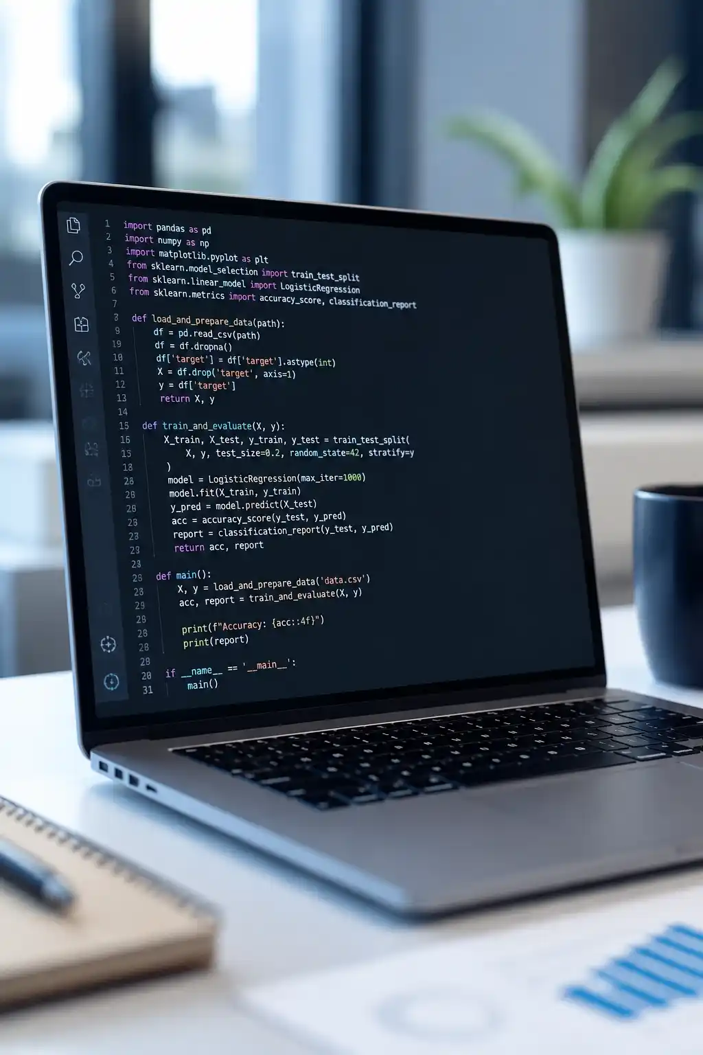 Laptop mit Python Code zur statistischen Datenanalyse und Machine Learning auf einem modernen Arbeitsplatz