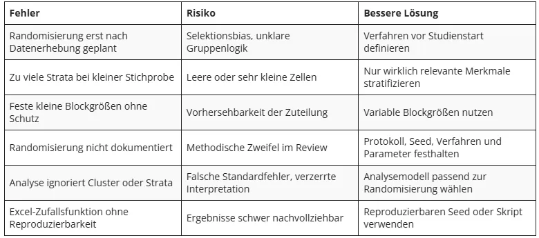 Tabelle mit häufigen Fehlern bei Randomisierungsverfahren, möglichen Risiken und besseren methodischen Lösungen