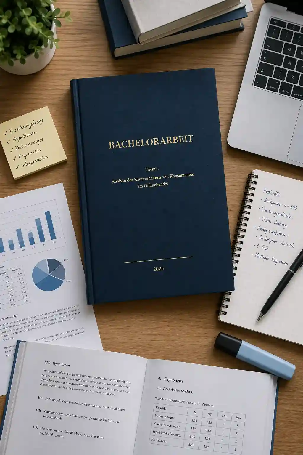 Bachelorarbeit mit statistischer Datenanalyse, Diagrammen und Unterlagen auf einem Schreibtisch