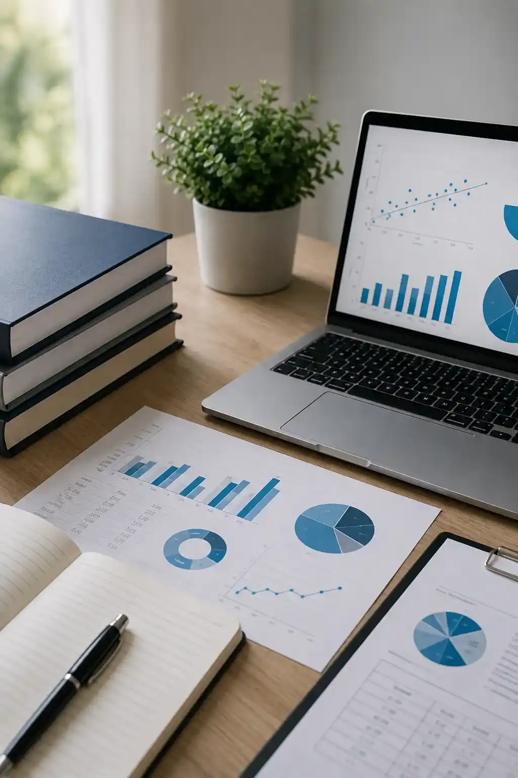 Statistische Ergebnisse einer Bachelorarbeit mit Diagrammen, Laptop und Unterlagen zur Datenanalyse