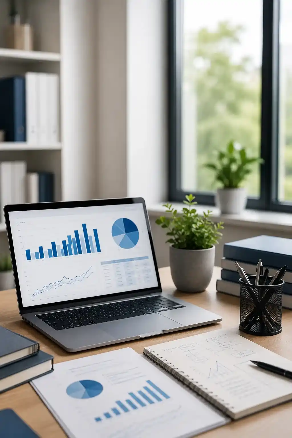 Statistik-Hilfe für die Masterarbeit mit Laptop, Diagrammen und Unterlagen zur Datenanalyse